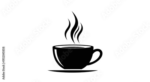 Black Coffee Cup with Steam Isolated on White Background, Hot Drink Mug Icon, Tea Cup Symbol, Vector Illustration for Cafe or Breakfast