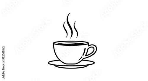 Simple black and white line art icon of a steaming hot coffee or tea cup on a saucer, ideal for web design and branding.