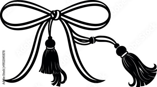 Line art ribbon bow with decorative tassels hanging close up ornamental knot elegant vintage vector black silhouette isolated cutout monochrome