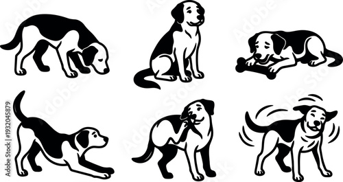 Vector dog icons six playful black and white poses sniffing sitting chewing stretching scratching wagging tail friendly silhouette set