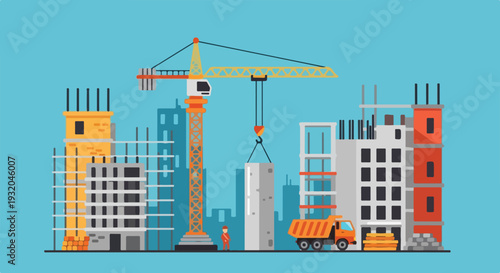 An illustration depicting a busy construction site with tall buildings under construction, a large crane lifting a block, a dump truck, and a worker.