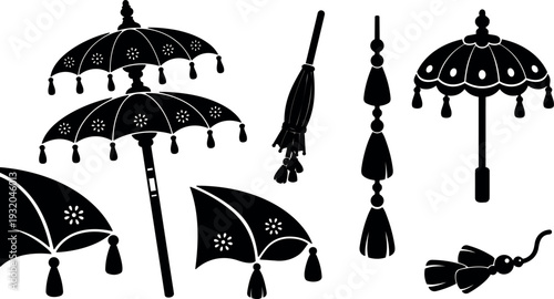 Flat design ornamental parasol and tassel silhouettes arranged close up top view decorative accessories in monochrome vector art outline isolated