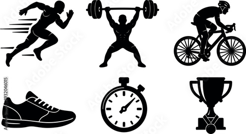 Flat design black sports icons set showing running sprinter weightlifter cyclist sneaker stopwatch and trophy in minimalist vector silhouette collection