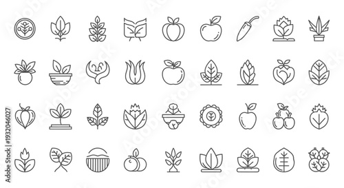 a diverse set of minimalist line art icons depicting various organic plants fresh fruits and healthy vegetables perfect for eco-friendly and agriculture branding.