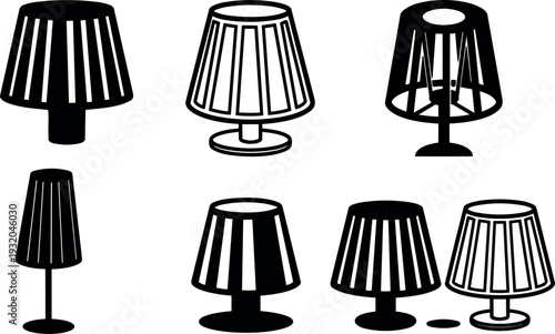 Flat design vector lamp icon set with seven black silhouette table and floor lamps front and side minimal outline collection