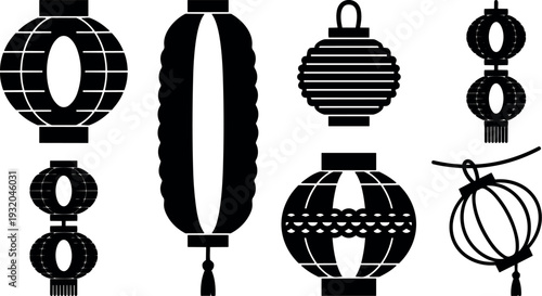 Flat design set of traditional chinese lantern silhouettes hanging in various shapes and angles for festival decoration night scene vector
