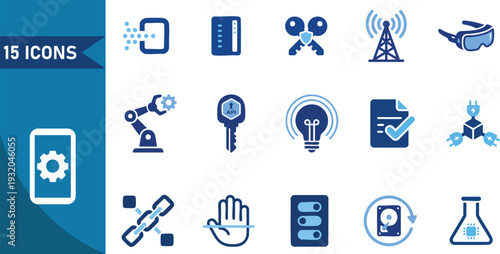 Technology icon set featuring fifteen flat vector illustrations for digital transformation and industrial automation software interfaces presented in a clean navy and light blue color palette