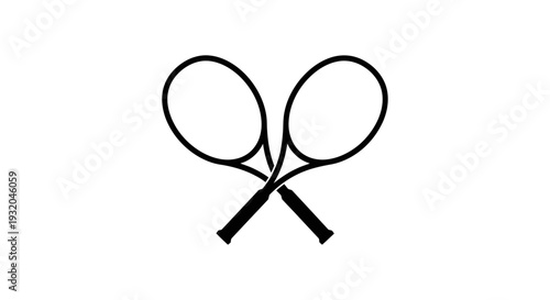 black and white silhouette of two crossed tennis racquets symbolizing sports competition and an active lifestyle for design projects.
