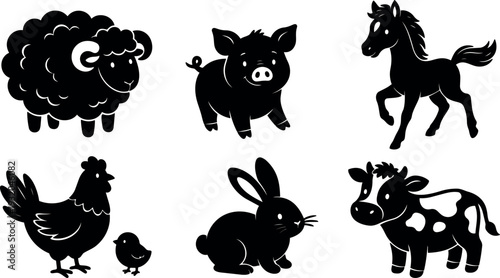 Flat design silhouette close up sheep pig horse hen chick rabbit cow playful poses side view black cute