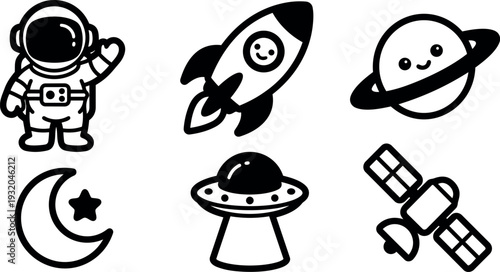 Flat line art space icon set astronaut waving rocket flying smiling planet moon and ufo satellite playful vector cute minimal