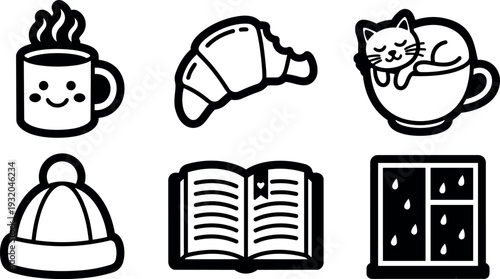 Minimalist line art cozy cute morning icons set mug croissant cat cup beanie open book rainy window flat vector