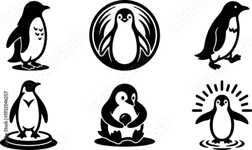 Minimalist flat penguin icon set six poses close up side view waddling sitting badge outline playful black and white vector