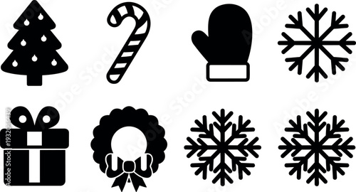 Flat design holiday icon set close up christmas tree candy cane mitten gift wreath and snowflakes in black silhouette vector