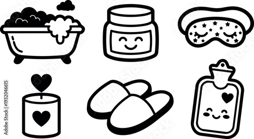 Minimalist line art spa icons set close up smiling bathtub cream jar eye mask candle slippers hot water bottle vector