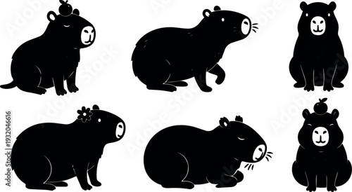 Flat design playful capybara character set six poses with apple and flower accessories sitting walking sleeping front side view