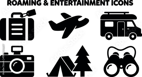 Flat design black travel icons suitcase airplane camper van camera tent and binoculars arranged in grid on white minimalist background