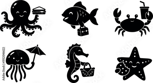 Flat vector icon set of smiling sea creatures holding food drinks and beach accessories in minimal black icons