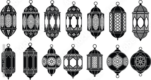 Traditional Islamic lantern silhouettes vector illustration, Ramadan decorative lights, Arabic geometric floral patterns, cultural festive artwork, ornamental Middle Eastern holiday decor design