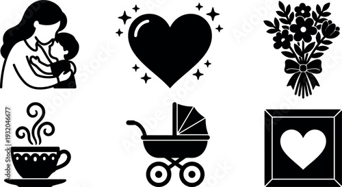 Flat icon set close up hugging mother with child heart bouquet coffee cup baby stroller framed heart mothers day vector
