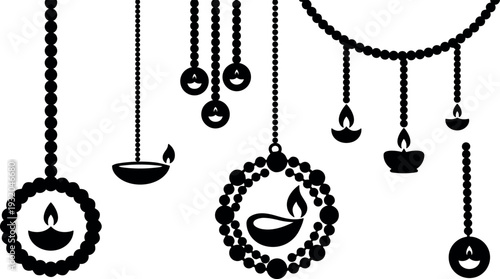 Flat vector hanging diya and bead garland with circular wreath lamps and candlelit flames for diwali altar landscape festive decor