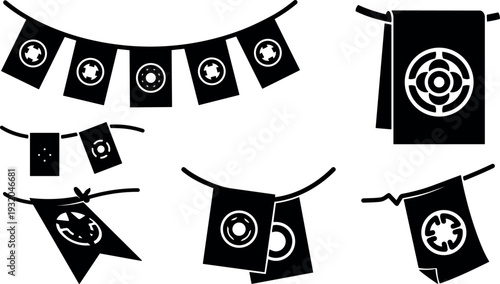 Flat design hanging garland close up with decorative prayer flag pennants showing circular mandala motifs in silhouette landscape black vector