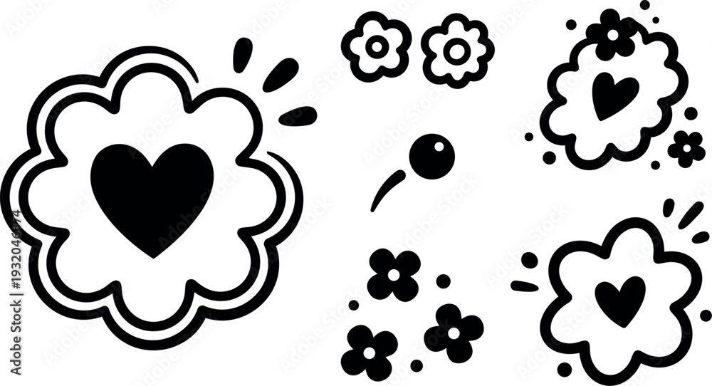 Fototapeta premium Whimsical doodle floral heart badges set close up floral icons with hand drawn outlines scattered elements playful vector art collection