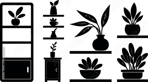 Flat design minimalist potted plant and shelf icons close up varied pots leaves black silhouette vector art interior decor layout