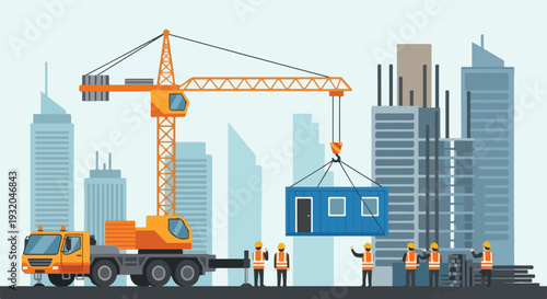 A construction site features a large orange crane lifting a blue modular building section, with several workers directing the operation amidst a city skyline.