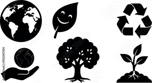 Flat design close up eco icons earth leaf tree seedling recycle hand holding globe black silhouettes vector art minimalist symbol
