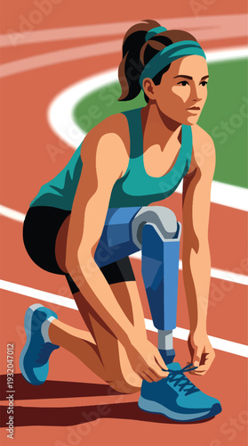 Female athlete with prosthetic leg tying shoelace on running track.