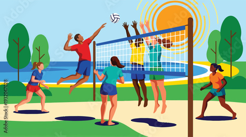 Diverse group of friends playing an energetic game of outdoor volleyball.