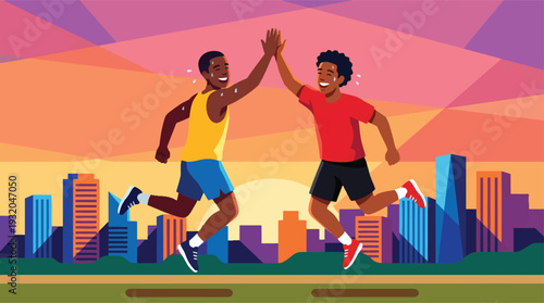 Two joyful men high-fiving and jumping in celebration.