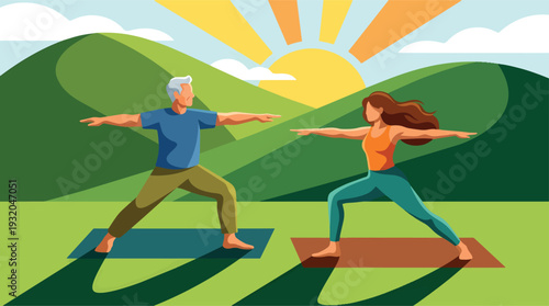 Two people practicing yoga outdoors in warrior pose.