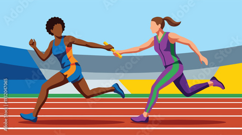 Two female athletes in a relay race passing the baton on a track.