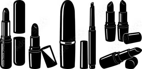 Minimalist vector lipstick set close up multiple tubes caps removed angled composition flat design cosmetic still life black silhouette studio