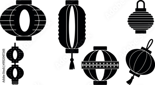 Flat design overhead black paper lanterns hanging trio and single angled view for chinese new year festival celebration traditional silhouette
