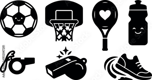 Flat design sports icon set smiling ball basketball hoop racket water bottle whistle running shoe minimal vector illustration black silhouette
