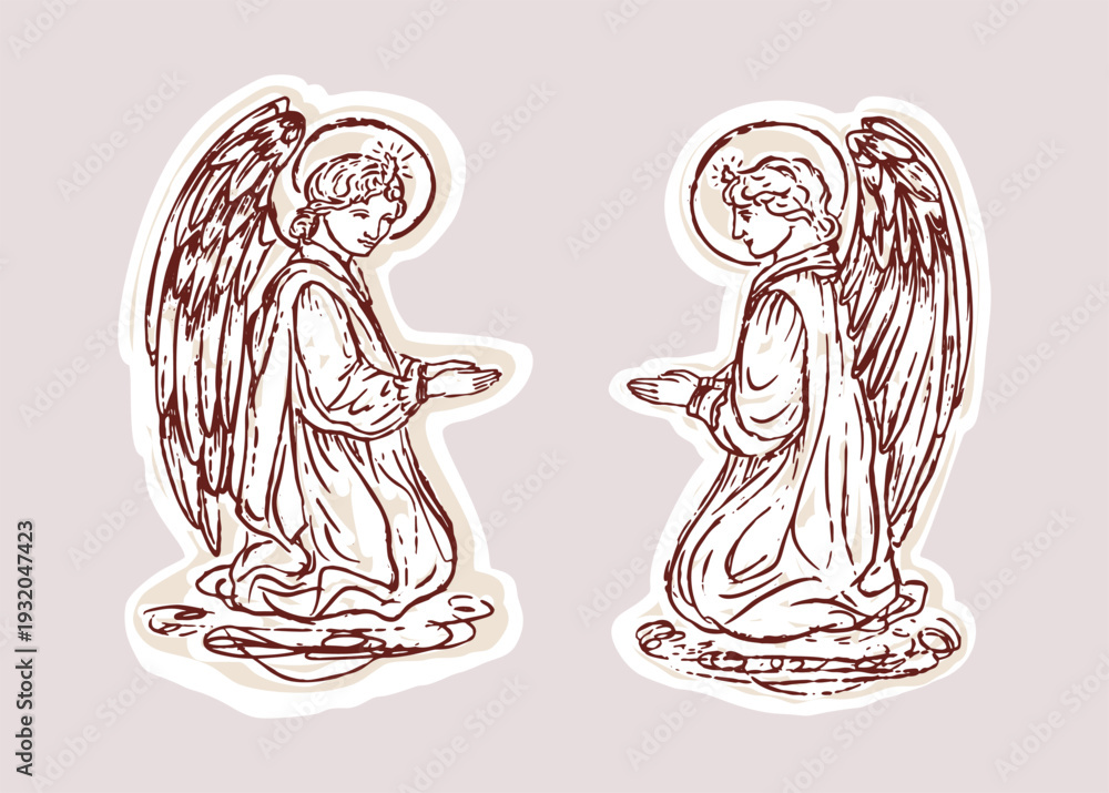Naklejka premium Hand drawn holy guardian angels illustration motif for religious greetings card. Flat isolated black white graphic design element . Christian easter, christmas and religious sticker print for church 