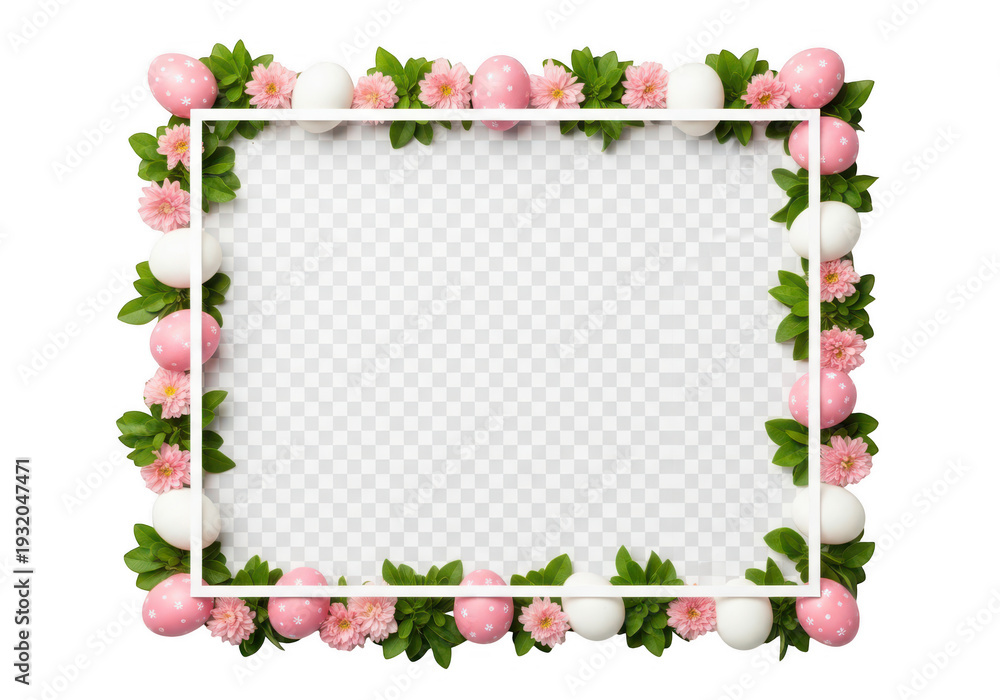 Fototapeta premium A floral frame with pink roses and green leaves isolated on transparent background