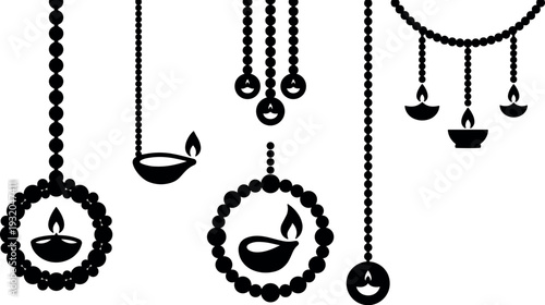 Flat design hanging diya garlands and circular bead frames with lit oil lamps for diwali festive decor in minimal silhouette