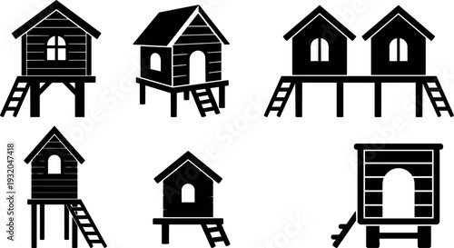 Flat design elevated beach hut icon set showing six stilt houses with ladders close up black minimal silhouettes collection vector