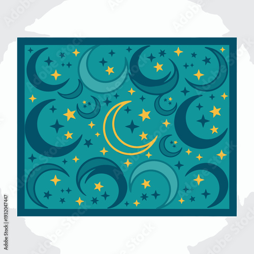A vibrant teal background with a pattern of moons and stars.
