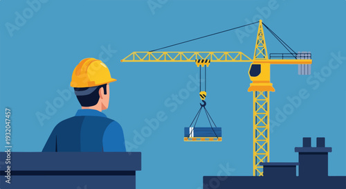 A construction worker in a yellow hard hat oversees a large yellow crane lifting materials against a blue sky at a building site.
