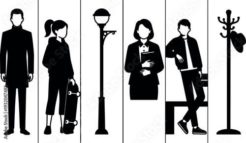 Silhouette vector panels showing standing man skateboarder businesswoman leaning man street lamp and coat rack in flat design casual minimal