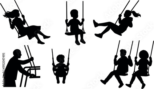 Minimalist silhouette vector art close up of children and adult swinging on playground swings in high contrast composition playful motion