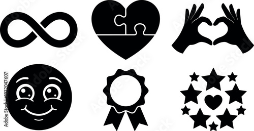Flat design minimalist icon set showing infinity symbol puzzle heart hand heart smiling face award ribbon and star wreath emblems