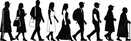 Life stages silhouettes vector illustration, people walking from youth to old age, generational diversity artwork, decorative black and white progression design