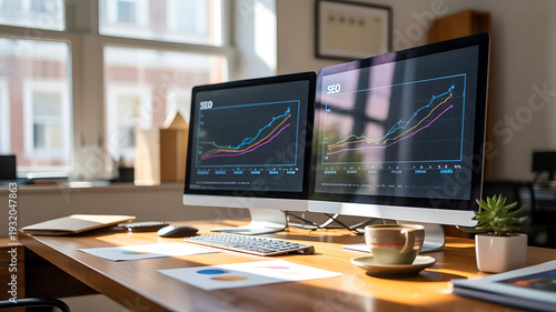 SEO and Data Analytics Dashboard Visualization Featuring Performance Charts, Keyword Insights, and Real-Time Marketing Metrics on Digital Screens