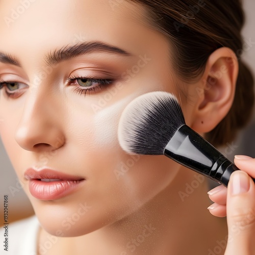 Close-up of a woman applying makeup with a brush for beauty.