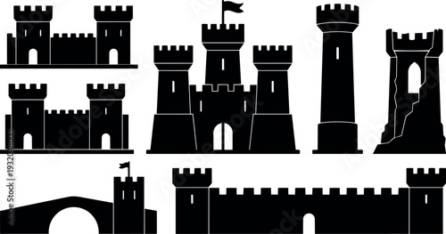 Medieval silhouette castle and towers set vector icons showing gate crenellations with small flag high round tower ruined watch tower
